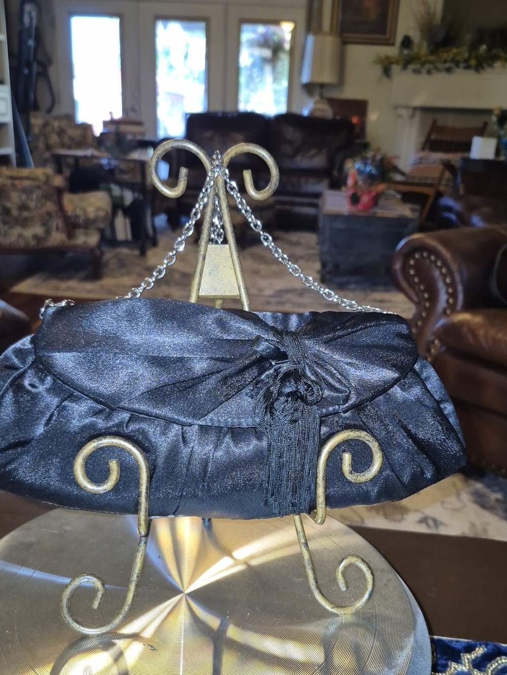Vintage: A black satin foldover evening bag. Satin Bow& Rusch Pleating &tassels